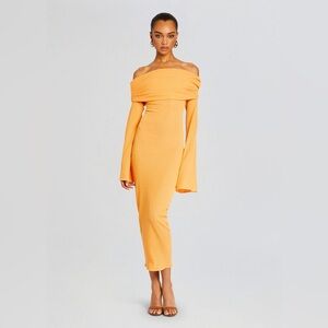 SER.O.YA Orange Ribbed Off-Shoulder Bell Sleeve Midi Dress